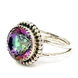 925 Sterling Silver Estate Mystic Fire Aurora Borealis Crystal Ring 12mm Size 7